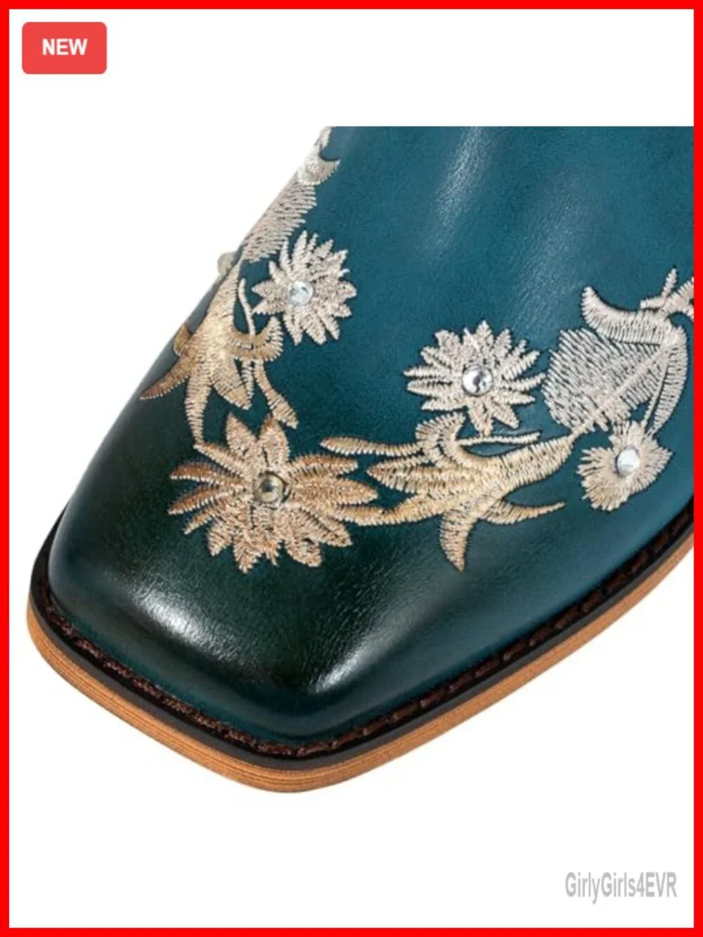 Women's Faux Leather Floral Rhinestone Square Toe Cowboy Boots - Wide Calf